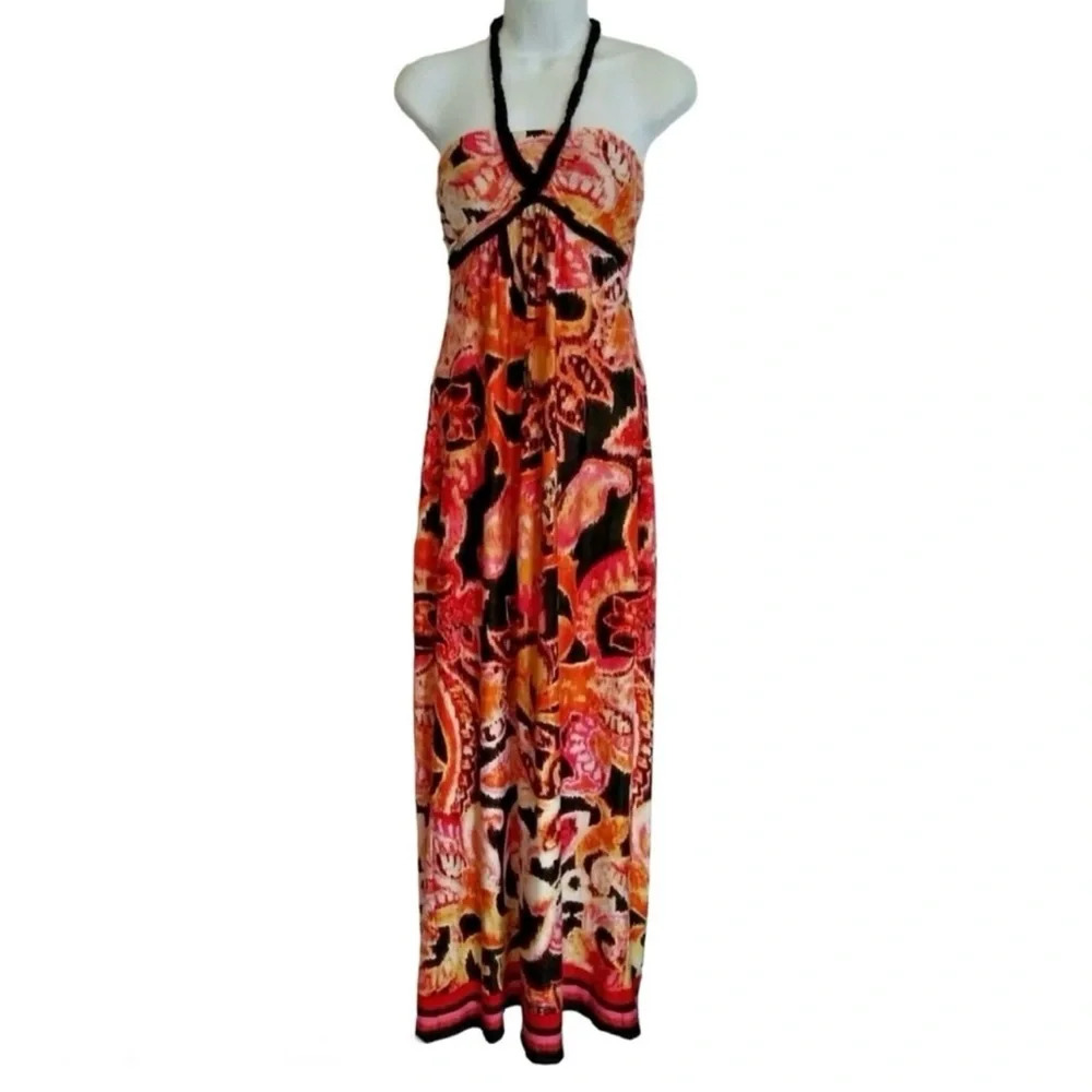 HeartSoul Orange & Pink Halter Maxi Dress Sz S